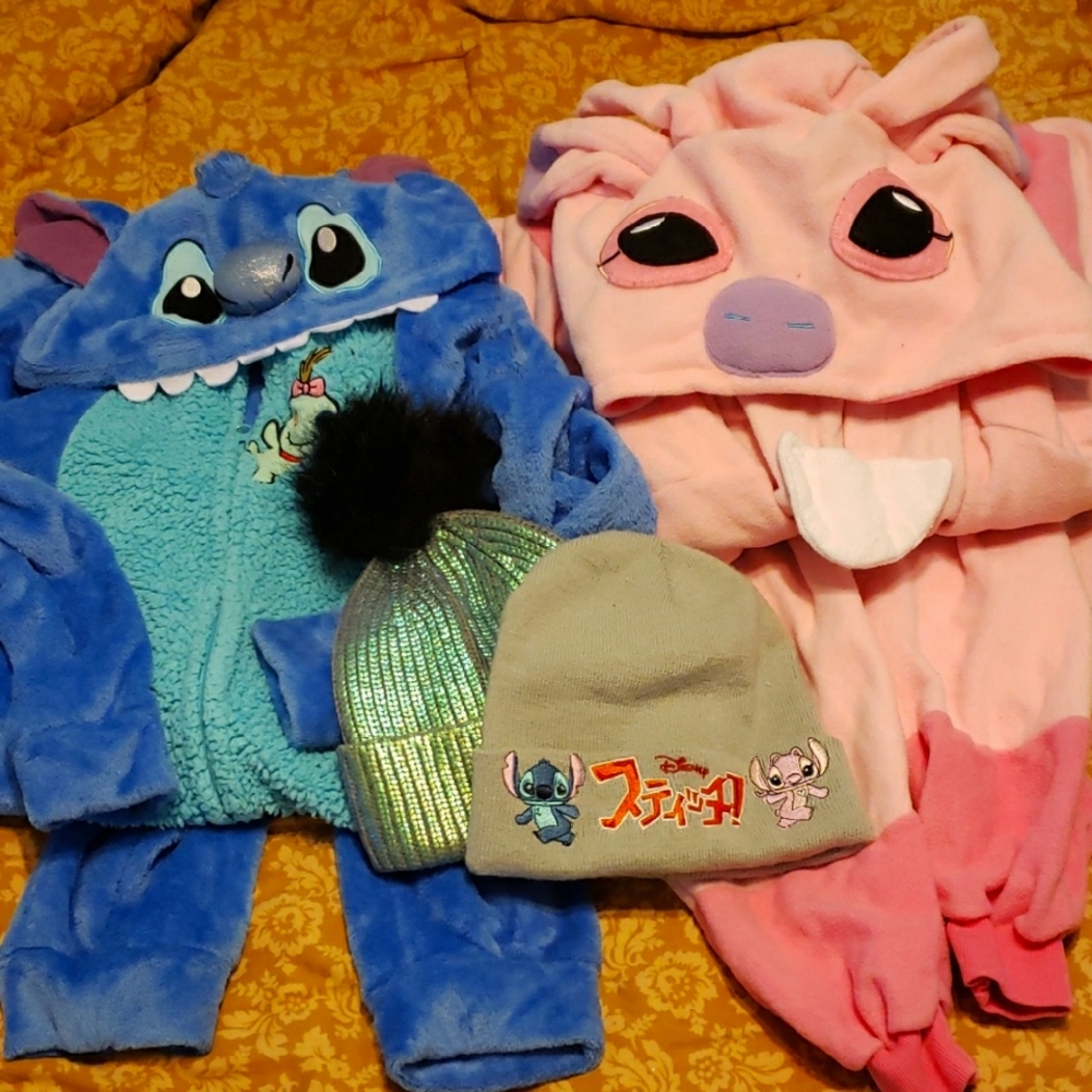 Blue and Pink Stitch & Angel Kigurumi with Holographic And Character Beanies Set
